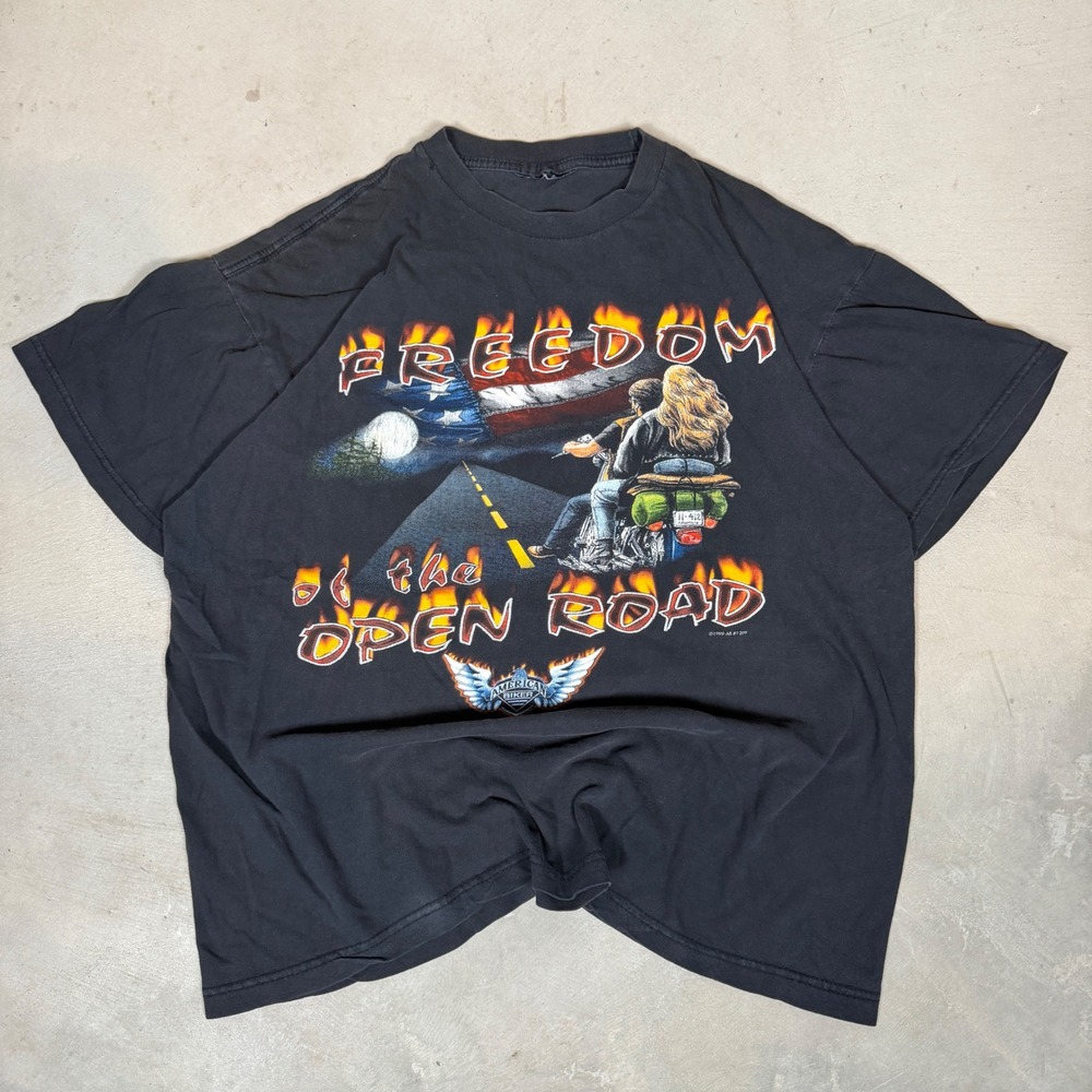 Vintage 1999 American Biker Freedom Open Road T-Shirt Black XL Harley Flame
